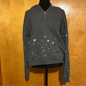 Marled Large Charcoal Half-Zip Hoodie with Silver Heart Accents